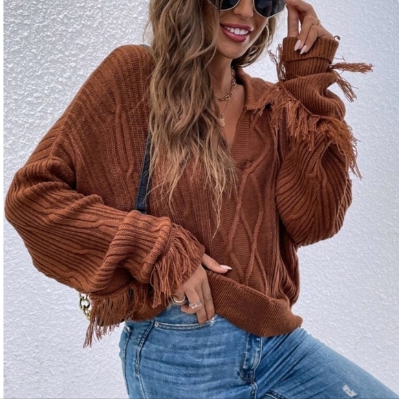 NEW Boyfriend Oversized Chunky Cable Knit Fringe Sweater Rusty Brown - Picture 1 of 11